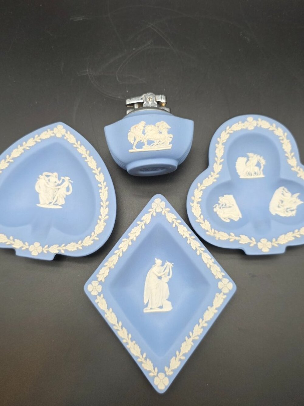 Set Of Four Small vintage Wedgwood Blue Jasperware plates trinket dishes lighter